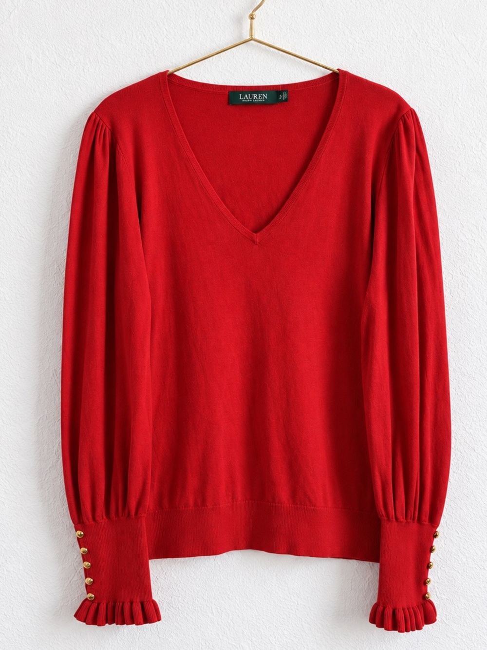 Lauren Ralph Lauren Red V Neck Sweater Gold Button Ruffle Cuff Large - Picture 2 of 7